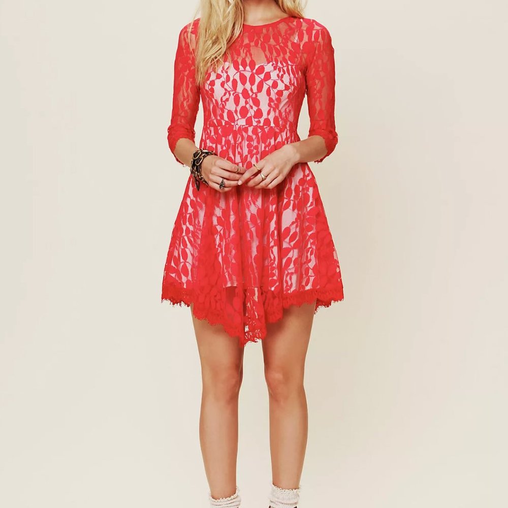 Free People Floral Mesh Lace Dress 3/4 Sleeve Red